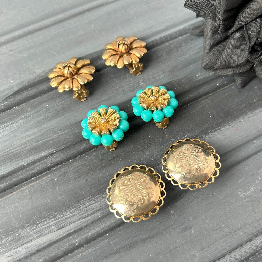 Gold + Turquoise Clip-on Earring Lot (Lot of 3)